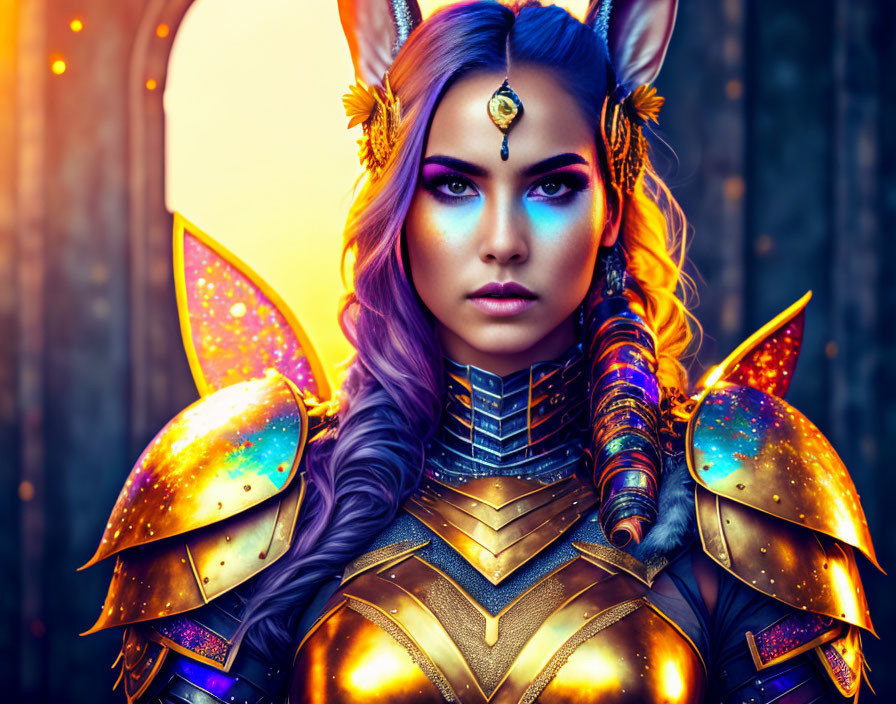 Fantasy female character with blue eyes, gold and purple armor, and floral elfin ears.