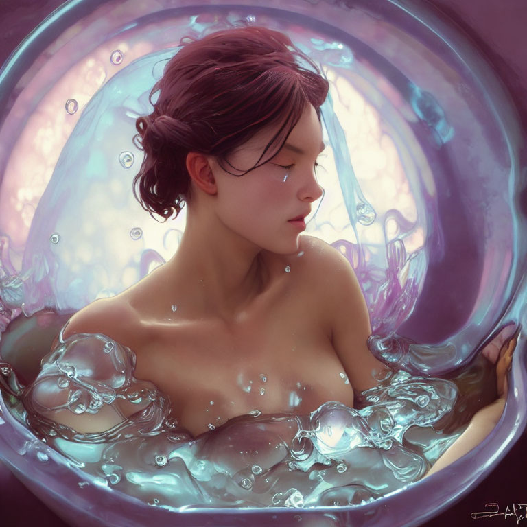 Illustration of person surrounded by bubbles with water and light effects