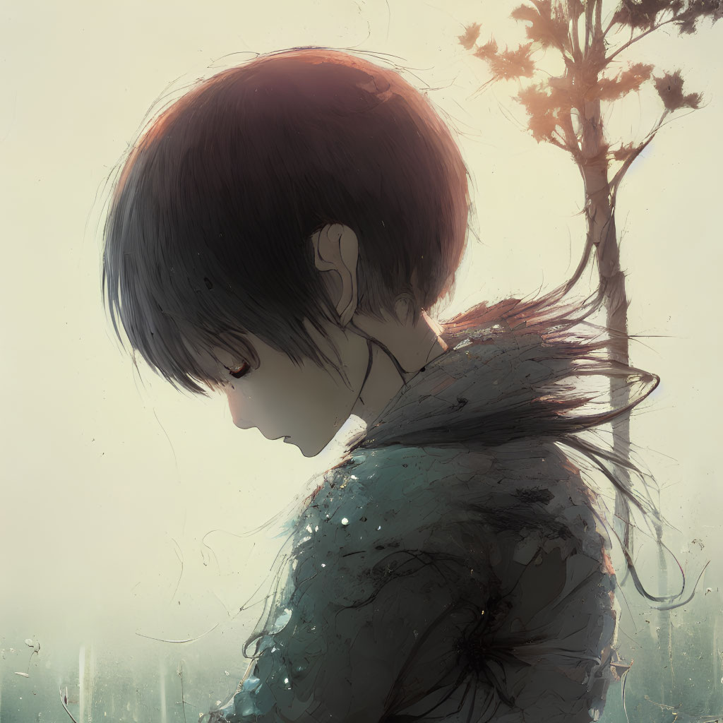 Illustrated profile of somber individual in misty landscape with digital painting textures