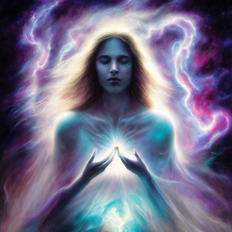 Cosmic aura woman with closed eyes conjuring light in galactic colors