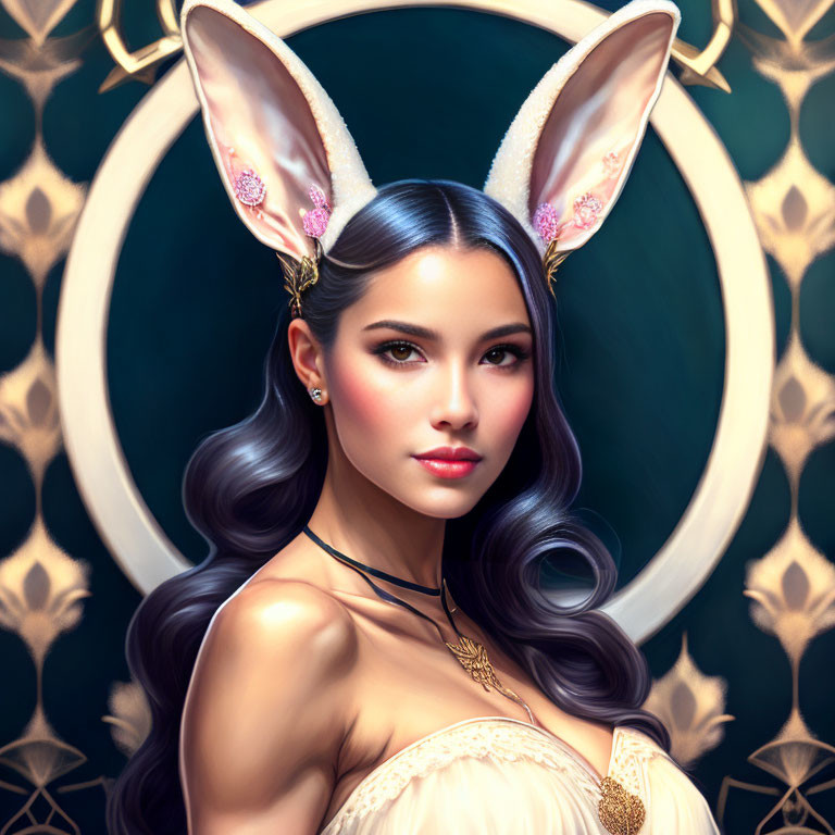 Portrait of Woman with Bunny Ears Headband, Wavy Hair, and Strap Dress in Circular Frame