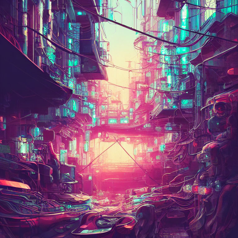 Futuristic cyberpunk cityscape with neon lights & tangled cables