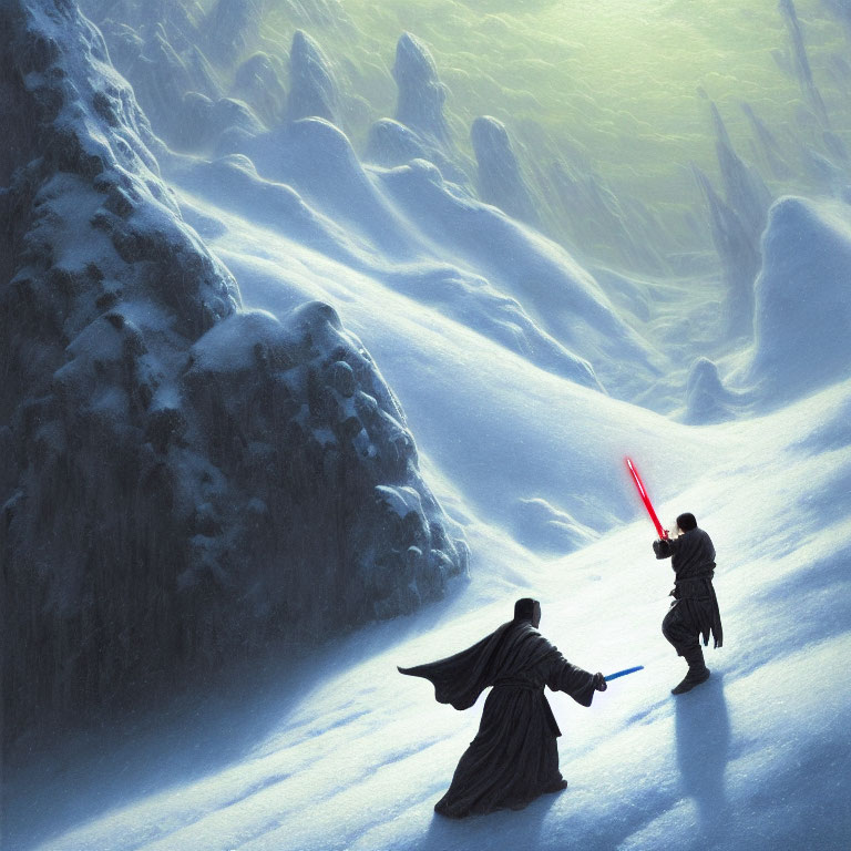 Lightsaber duel in snowy landscape with rock formations