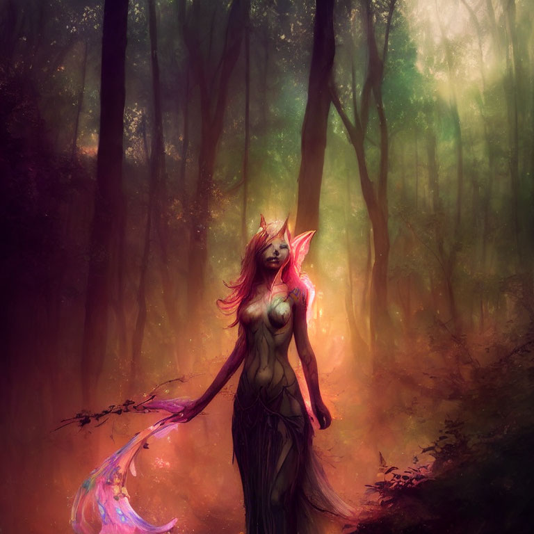 Mystical fox-woman in foggy enchanted forest