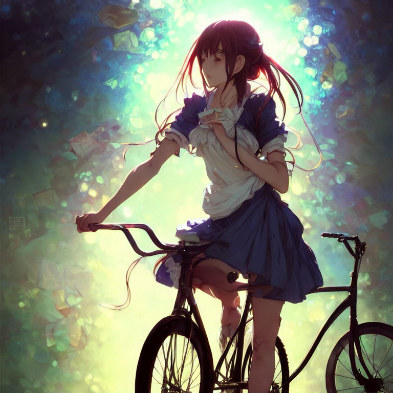 Young girl with brown hair rides bicycle amid shimmering lights and floating papers