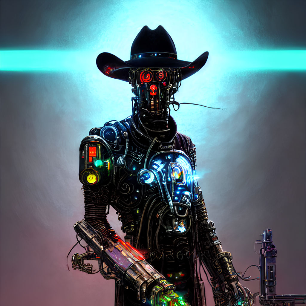 Futuristic robot cowboy with black hat and red eyes on dual-tone background