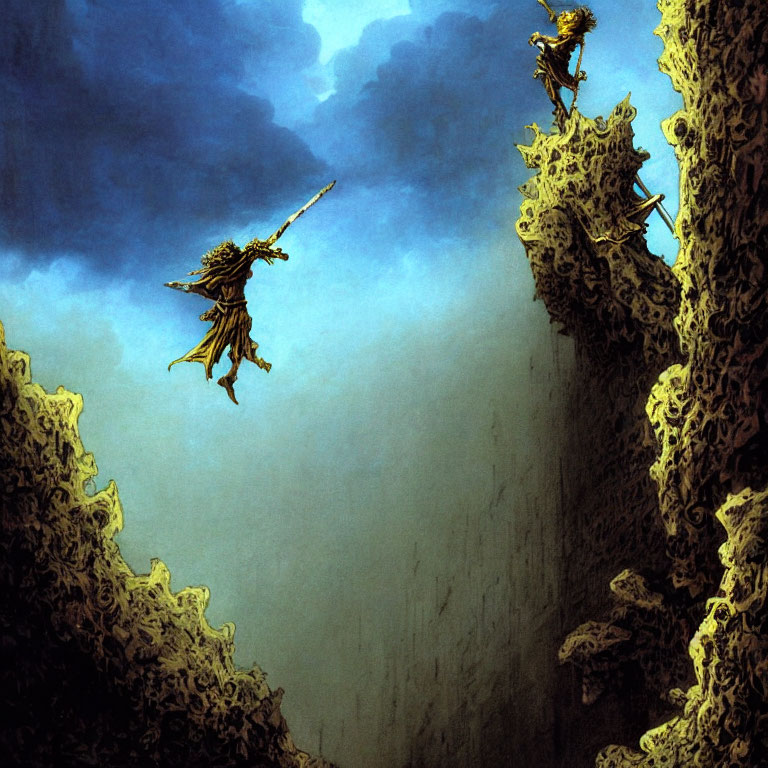 Armored individuals with swords leap over chasm amidst rocky formations