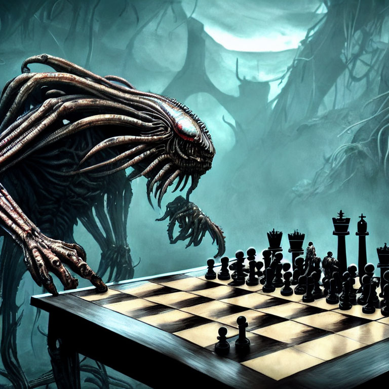 Alien creature with tentacles playing chess in eerie setting