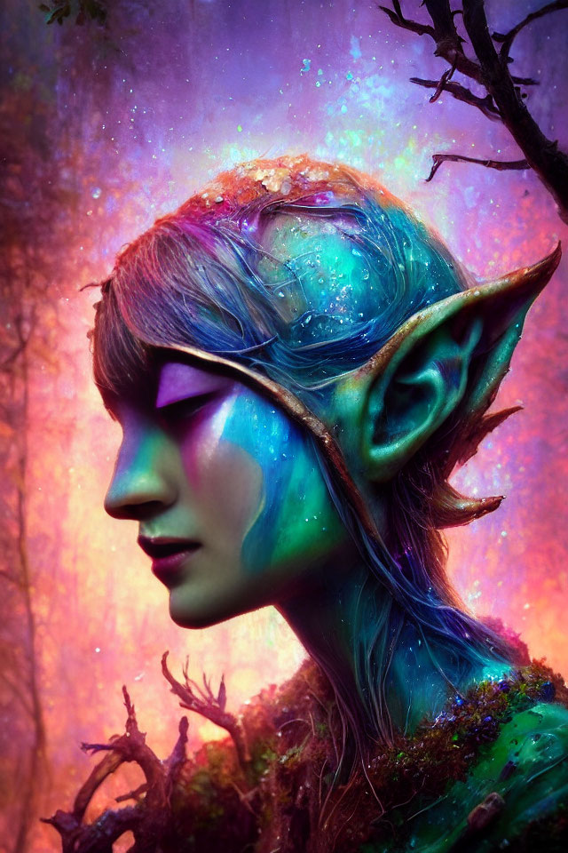 Colorful portrait of a person with pointed ears and cosmic elements in mystical forest