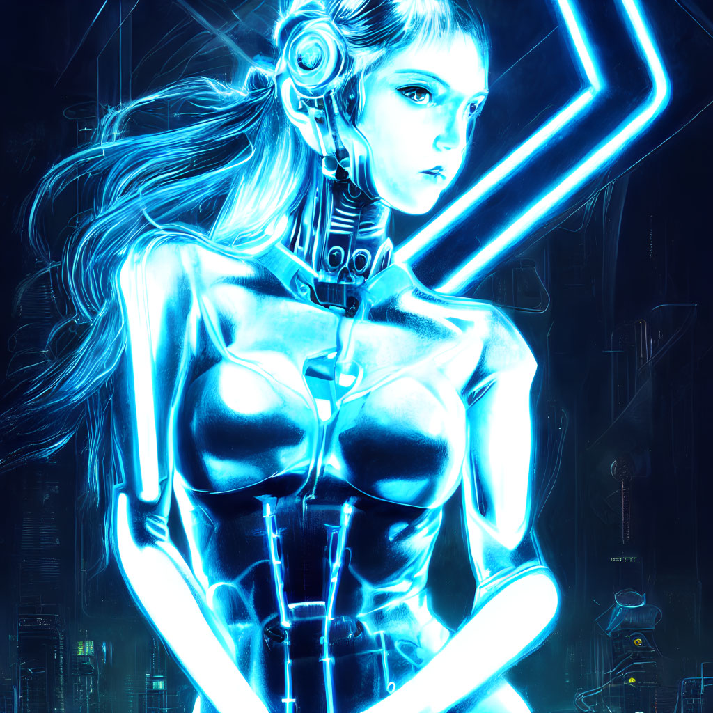 Female cyborg with glowing blue lines in futuristic cityscape