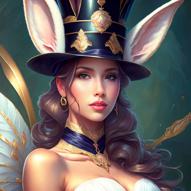 Digital artwork: Woman with rabbit ears in ornate top hat with golden decorations and feathers, emitting a