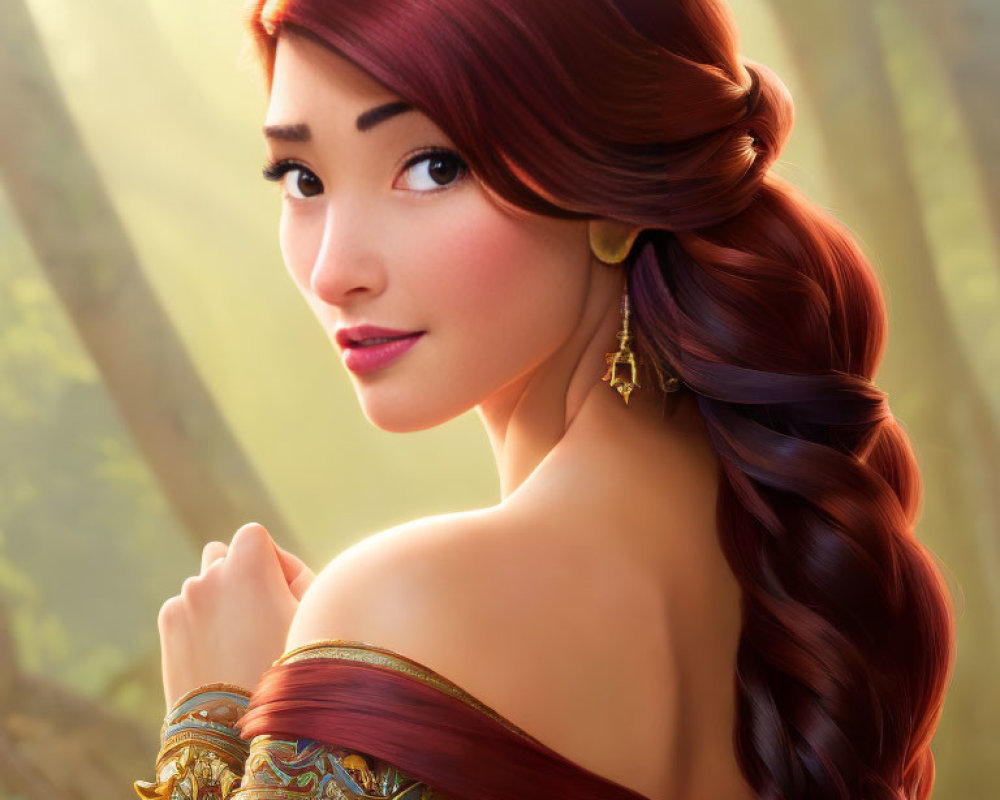 Female animated character with braided side ponytail in ornate garment against forest.