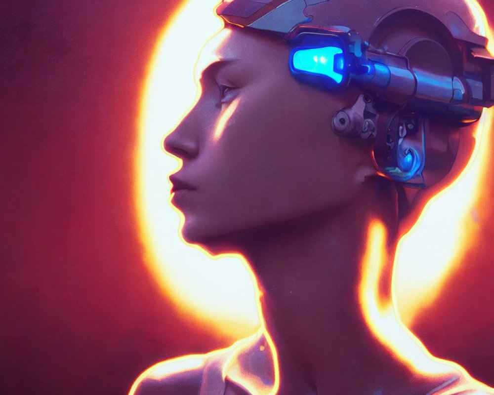 Futuristic cybernetic headgear on person with red halo background