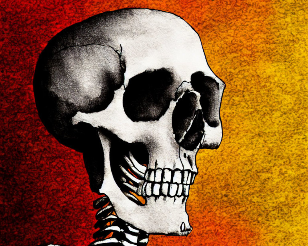 Human skull and partial skeleton on vibrant red to yellow gradient background.