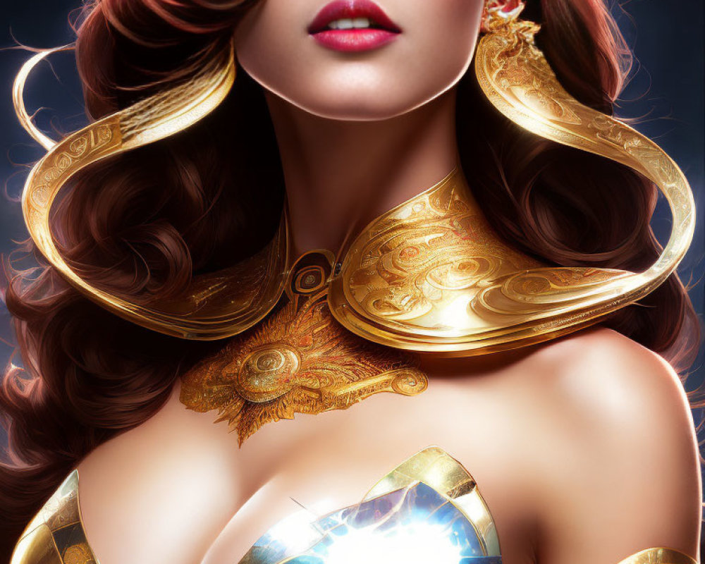 Stylized portrait of woman in red hair & golden armor with blue gemstone