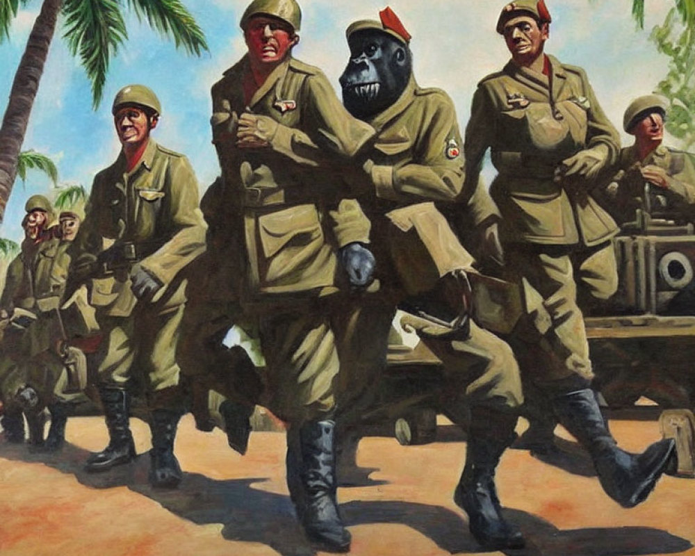 Soldiers in World War II uniforms marching with one comically portrayed as a gorilla