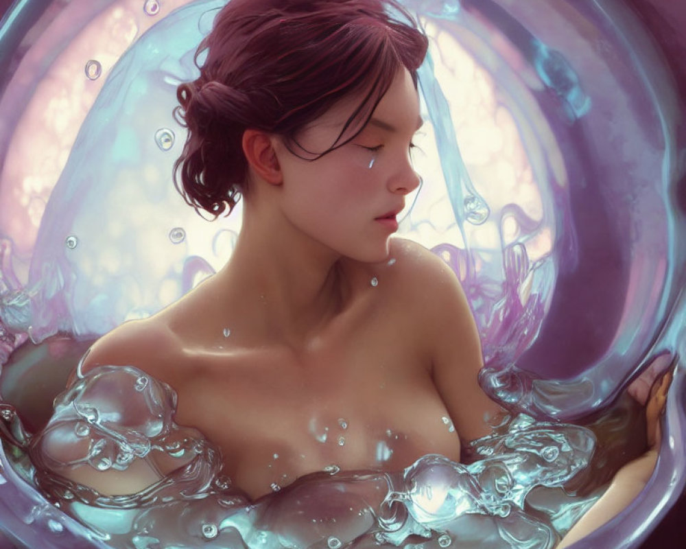 Illustration of person surrounded by bubbles with water and light effects