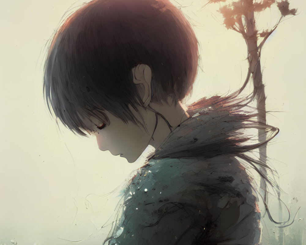 Illustrated profile of somber individual in misty landscape with digital painting textures