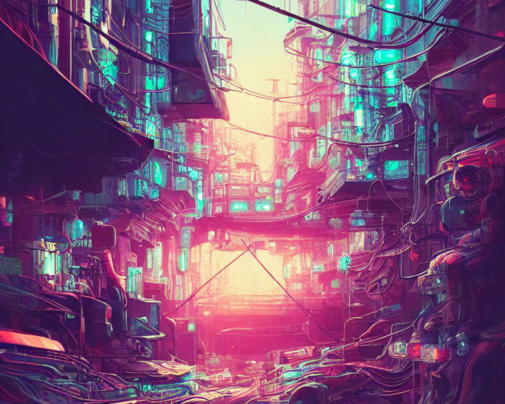 Futuristic cyberpunk cityscape with neon lights & tangled cables