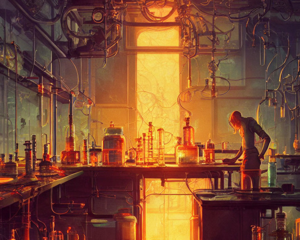 Steampunk-inspired laboratory with intricate glassware and warm lighting