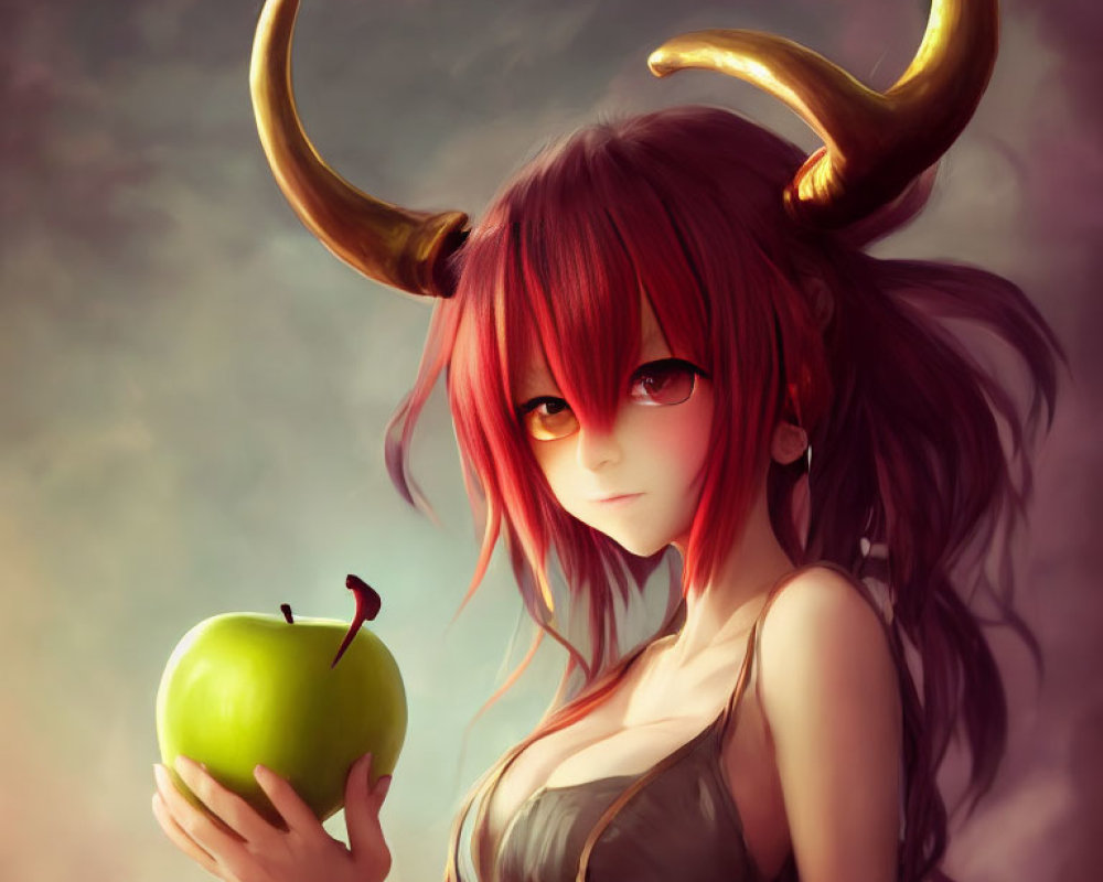 Red-Haired Character with Horns Holding Green Apple Illustration