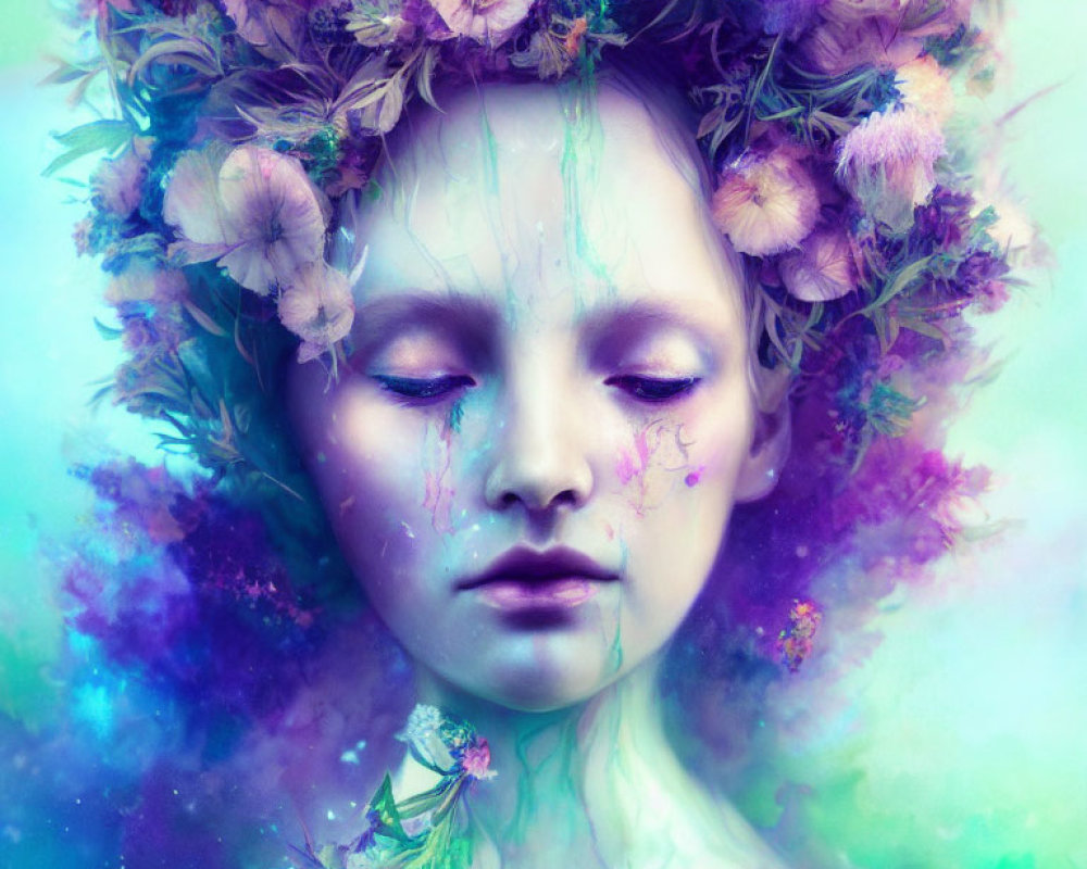 Portrait of a person with closed eyes wearing a vibrant crown of purple and green flowers