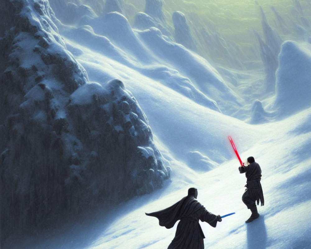 Lightsaber duel in snowy landscape with rock formations