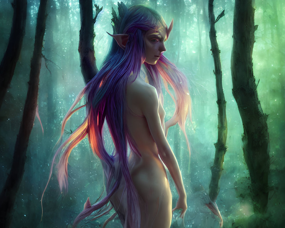 Colorful-haired elf in enchanted forest with pointed ears.