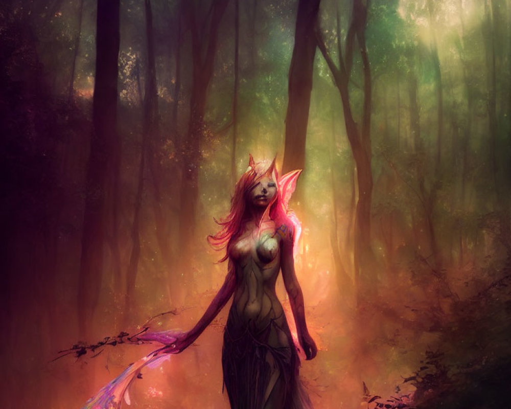 Mystical fox-woman in foggy enchanted forest