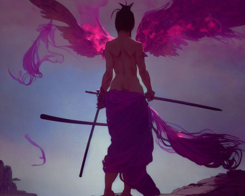 Ethereal figure with purple wings holding swords on cliff edge