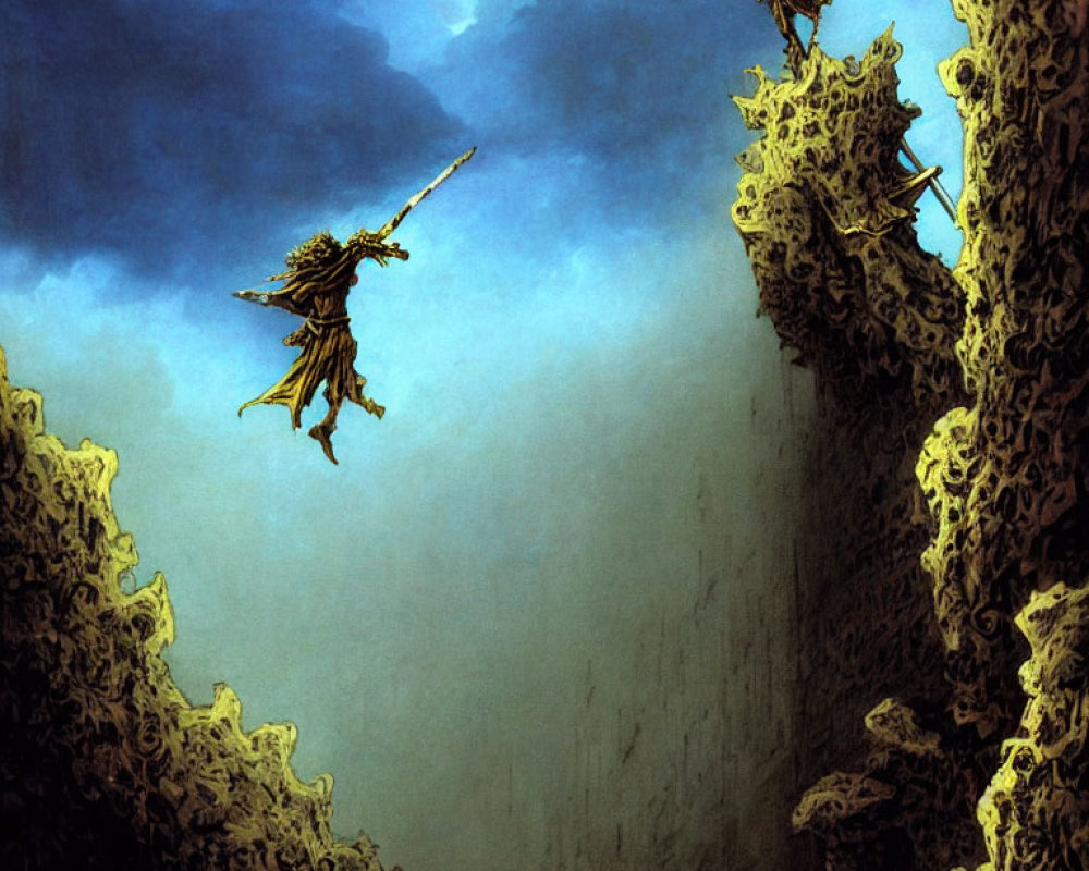 Armored individuals with swords leap over chasm amidst rocky formations