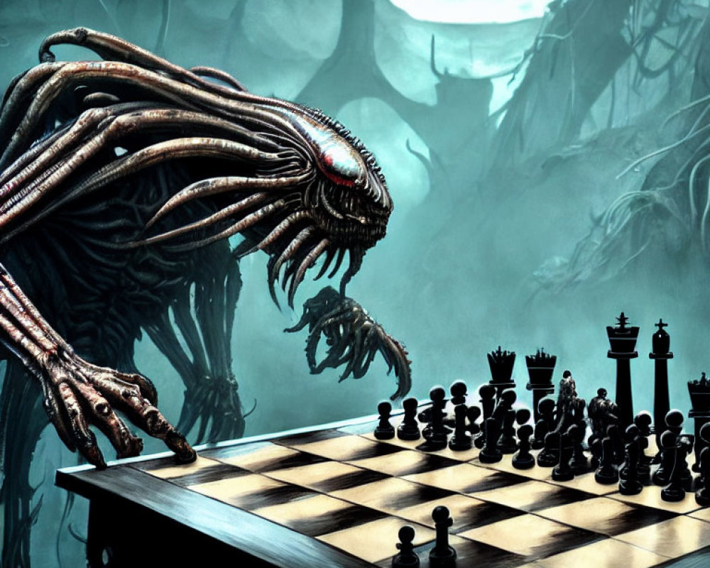 Alien creature with tentacles playing chess in eerie setting