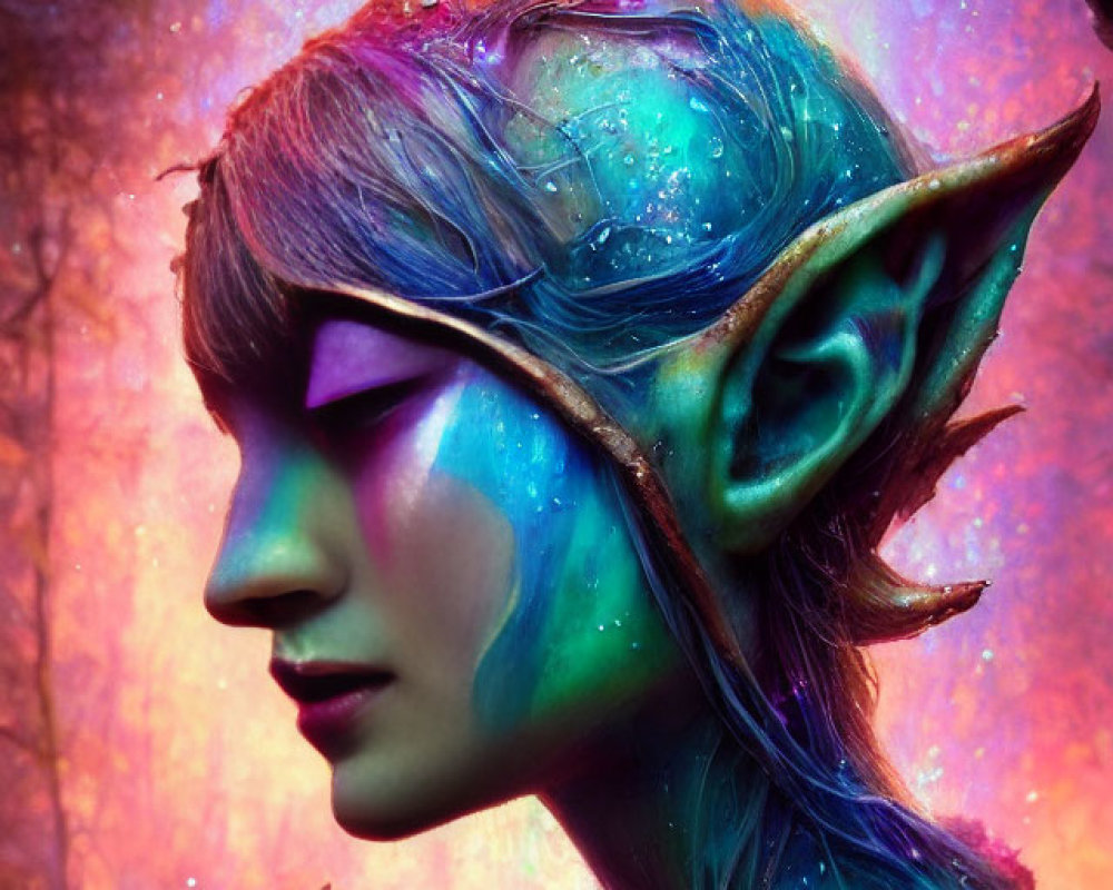 Colorful portrait of a person with pointed ears and cosmic elements in mystical forest