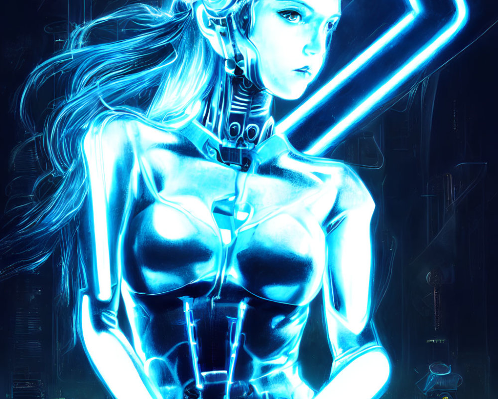 Female cyborg with glowing blue lines in futuristic cityscape