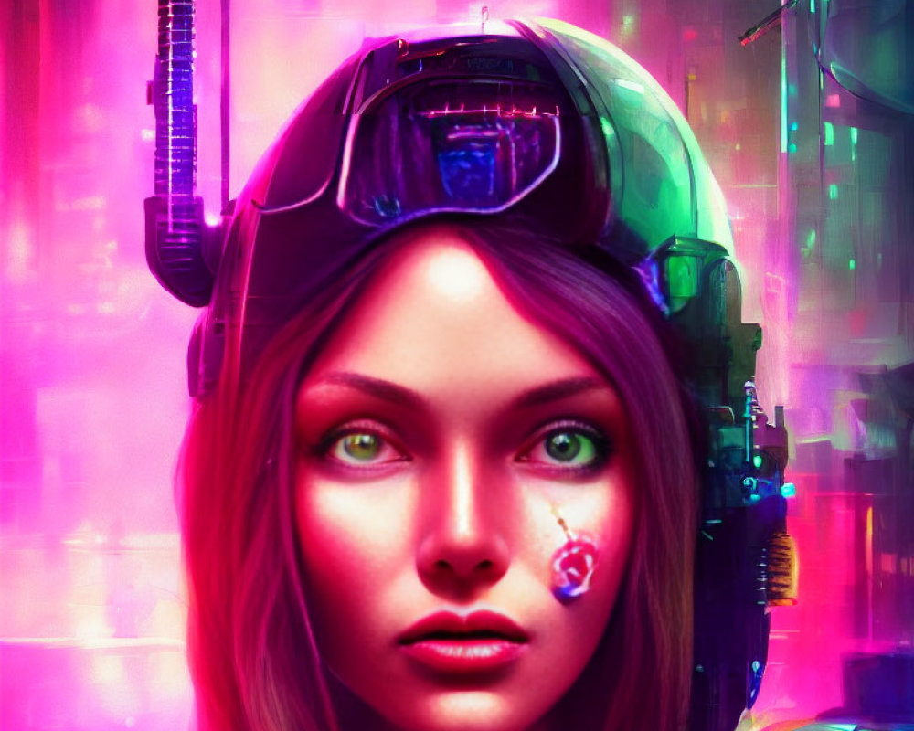 Futuristic helmet on woman with green eyes amid neon lights