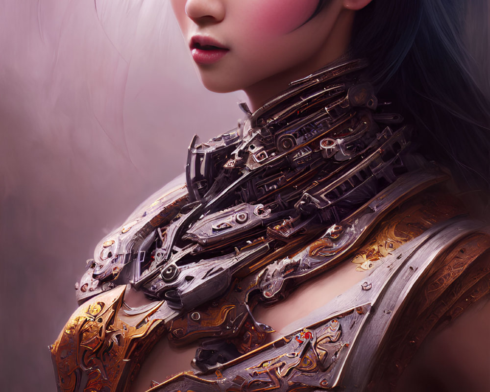 Cybernetic woman with intricate mechanical details on soft pink background