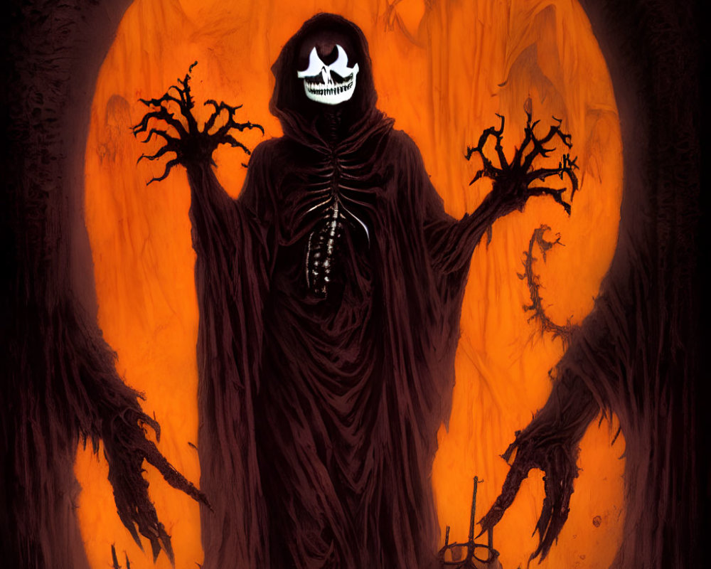 Robed Figure with Skull-like Face and Bony Hands in Eerie Setting