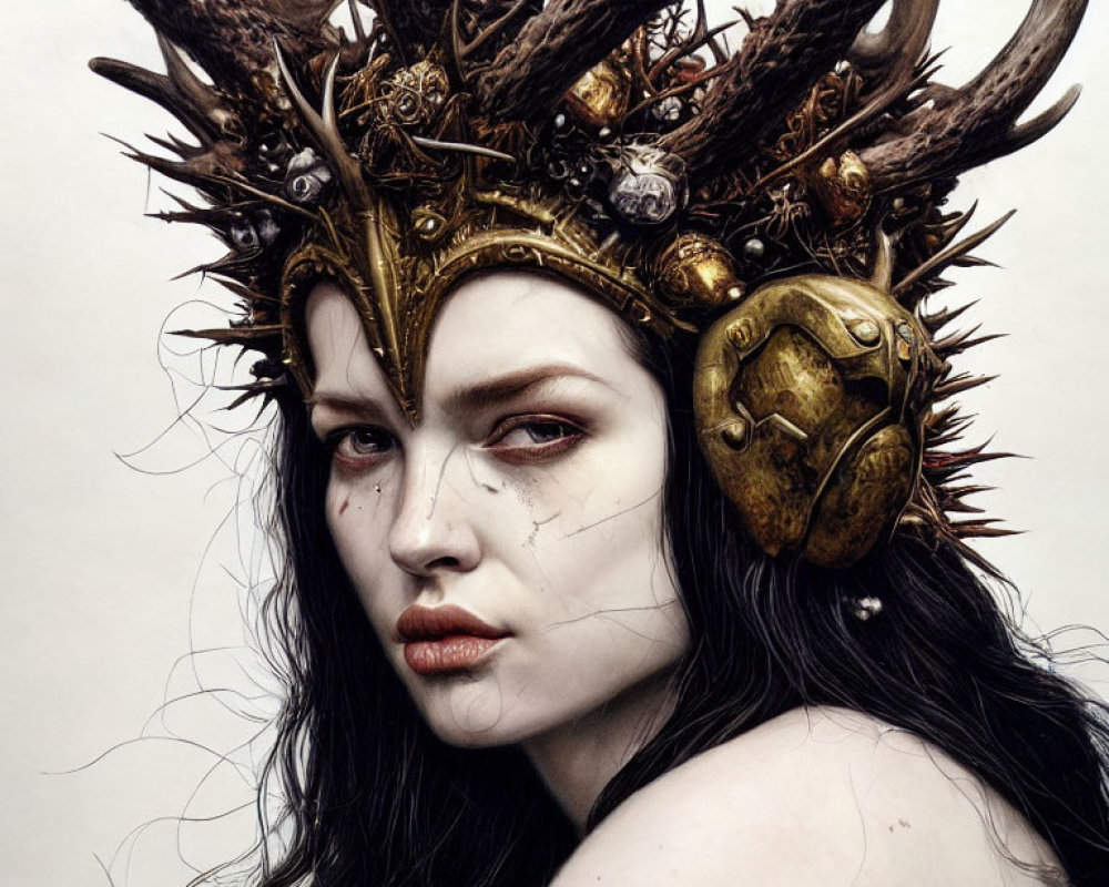 Intense gaze woman with elaborate antler headdress