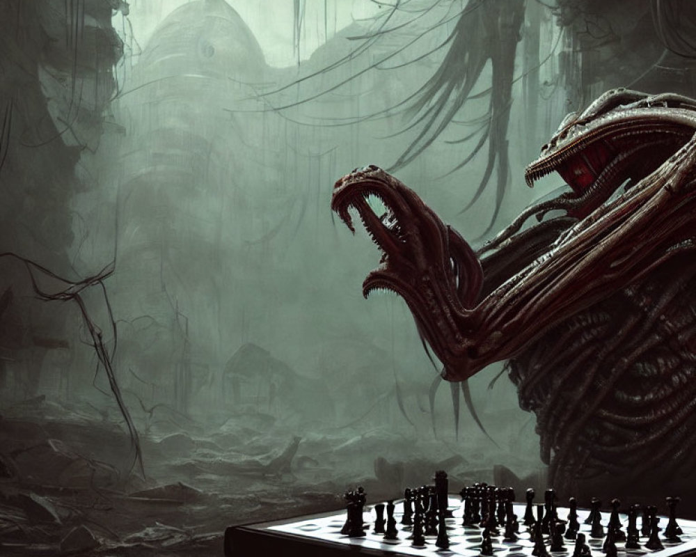 Monstrous alien creature on chessboard in misty ruins landscape