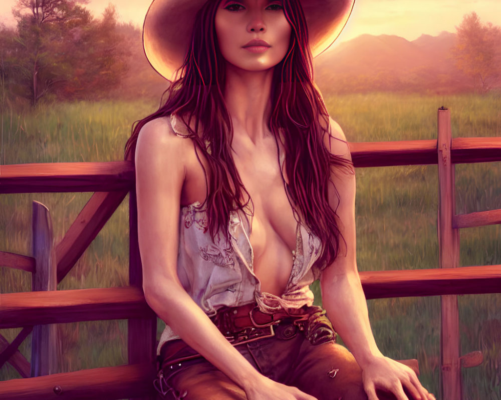 Cowboy hat woman sitting on wooden fence at sunset