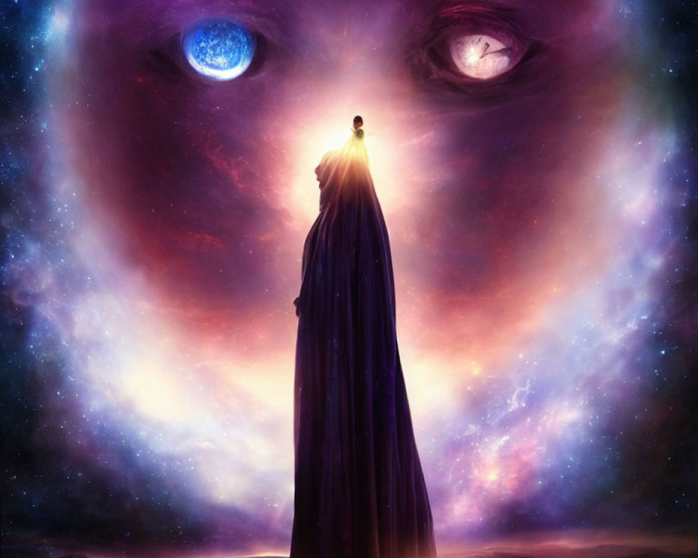 Cloaked Figure Under Cosmic Sky with Colossal Eyes