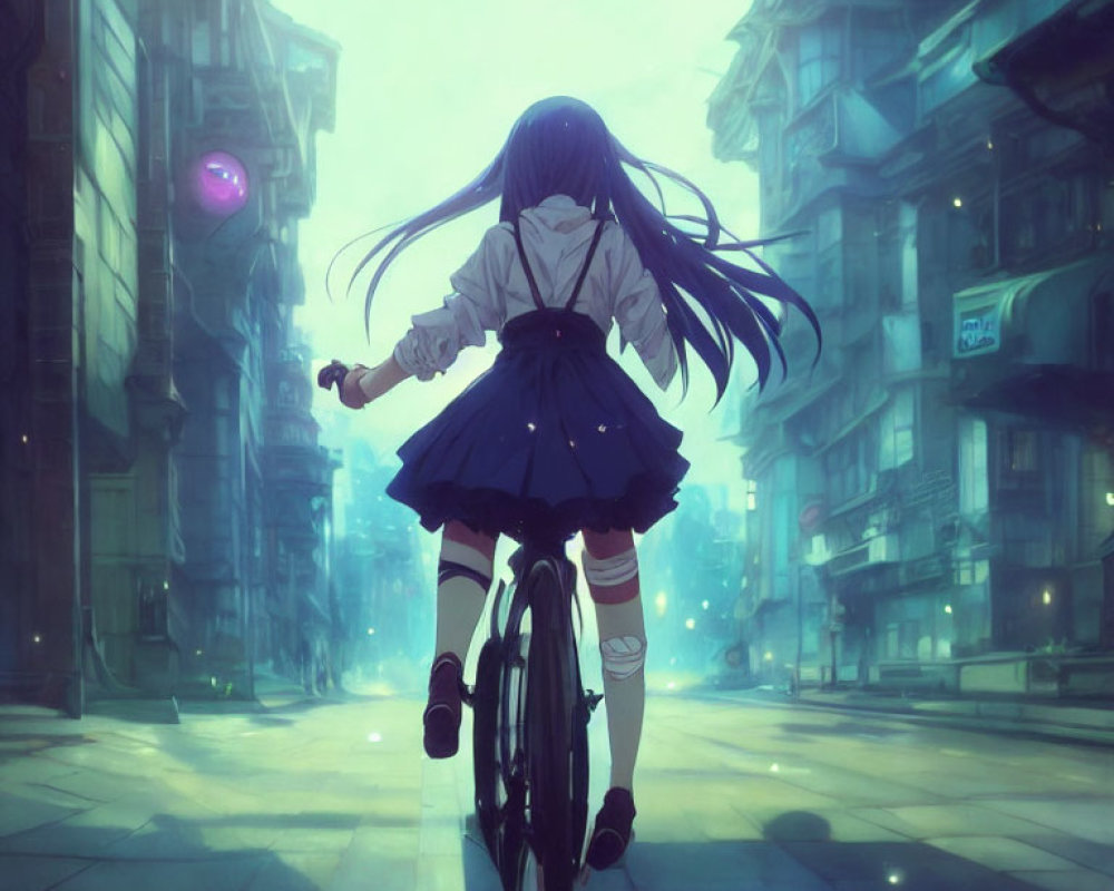 Girl in school uniform biking through futuristic cityscape