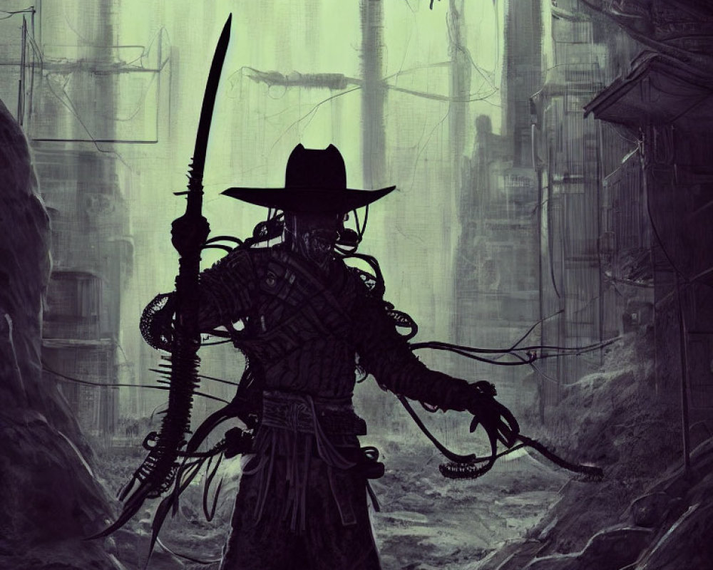 Silhouette of cowboy with sword in dystopian cityscape