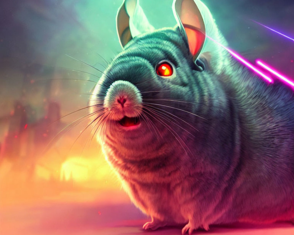 Stylized chubby rodent with red eyes in neon-lit setting