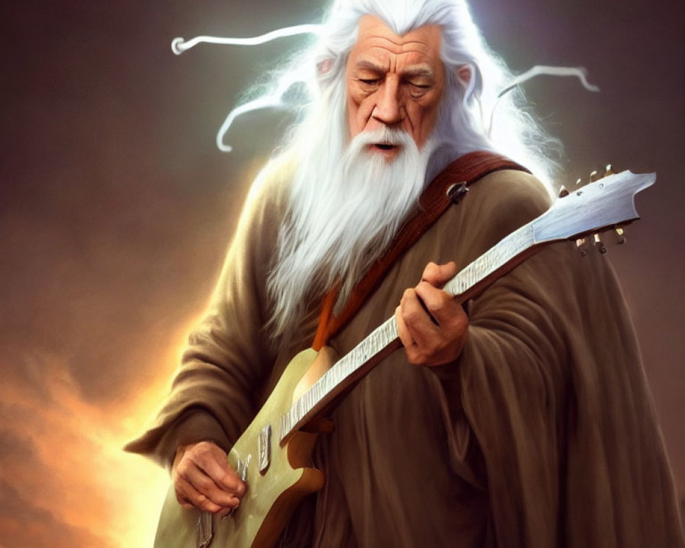 Elderly wizard playing electric guitar in mystical setting