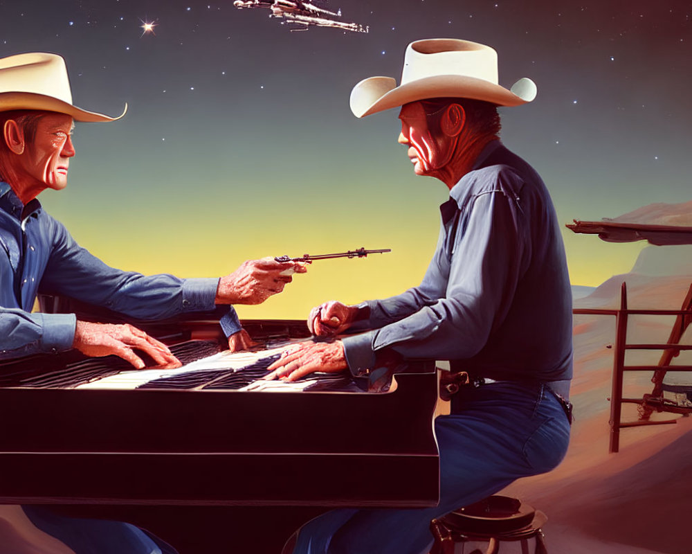 Cowboys playing piano with guns in sci-fi western setting with night sky spaceships