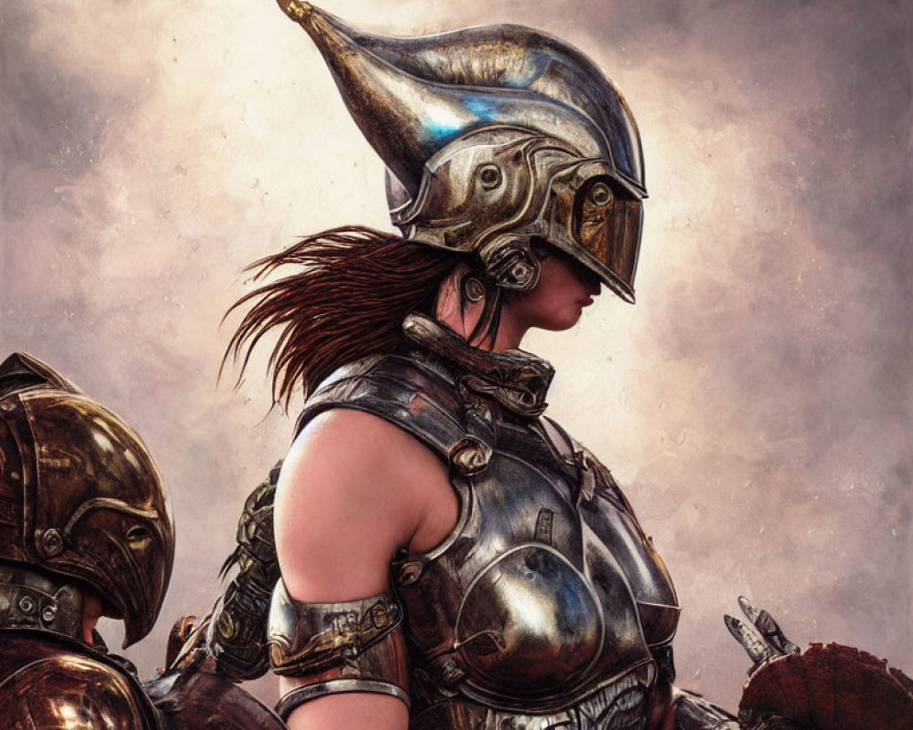 Fantasy female warrior illustration with winged helmet and intricate armor.