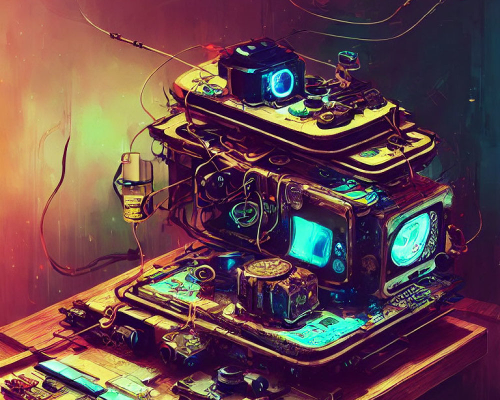 Colorful retro-futuristic device with stacked vintage radios, cables, and liquid container