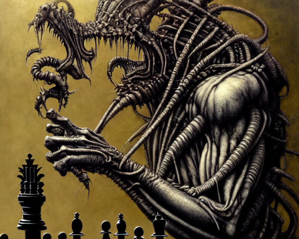 Detailed biomechanical creature playing chess illustration