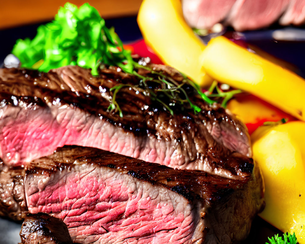 Sliced medium-rare steak with herbs, green salad, and yellow potatoes on dark plate